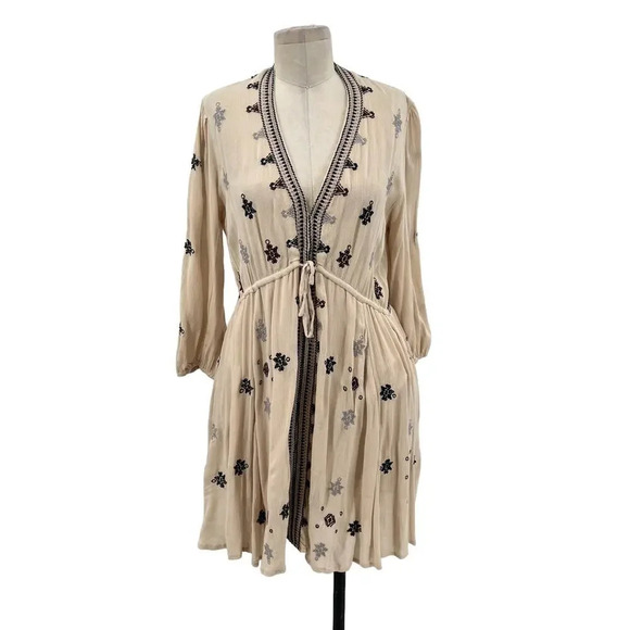 Free People Stargazer Embroidered Mini Dress Natural Beige Tan Size Small - Picture 2 of 13